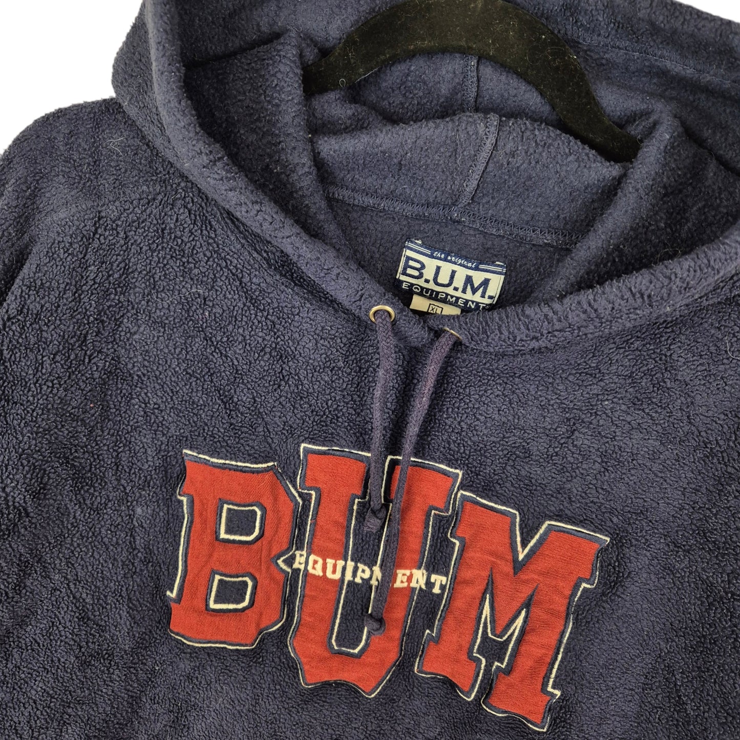 Vintage BUM Equipment 90's Dark Blue Embroidered Fleece Hoodie Size XL
