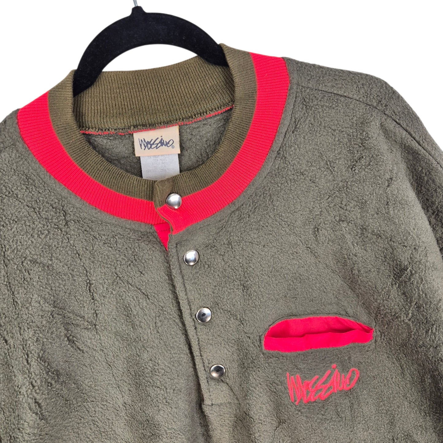 Vintage Mossimo 90's Olive Green USA Made Quarter Button Fleece Jumper Size L