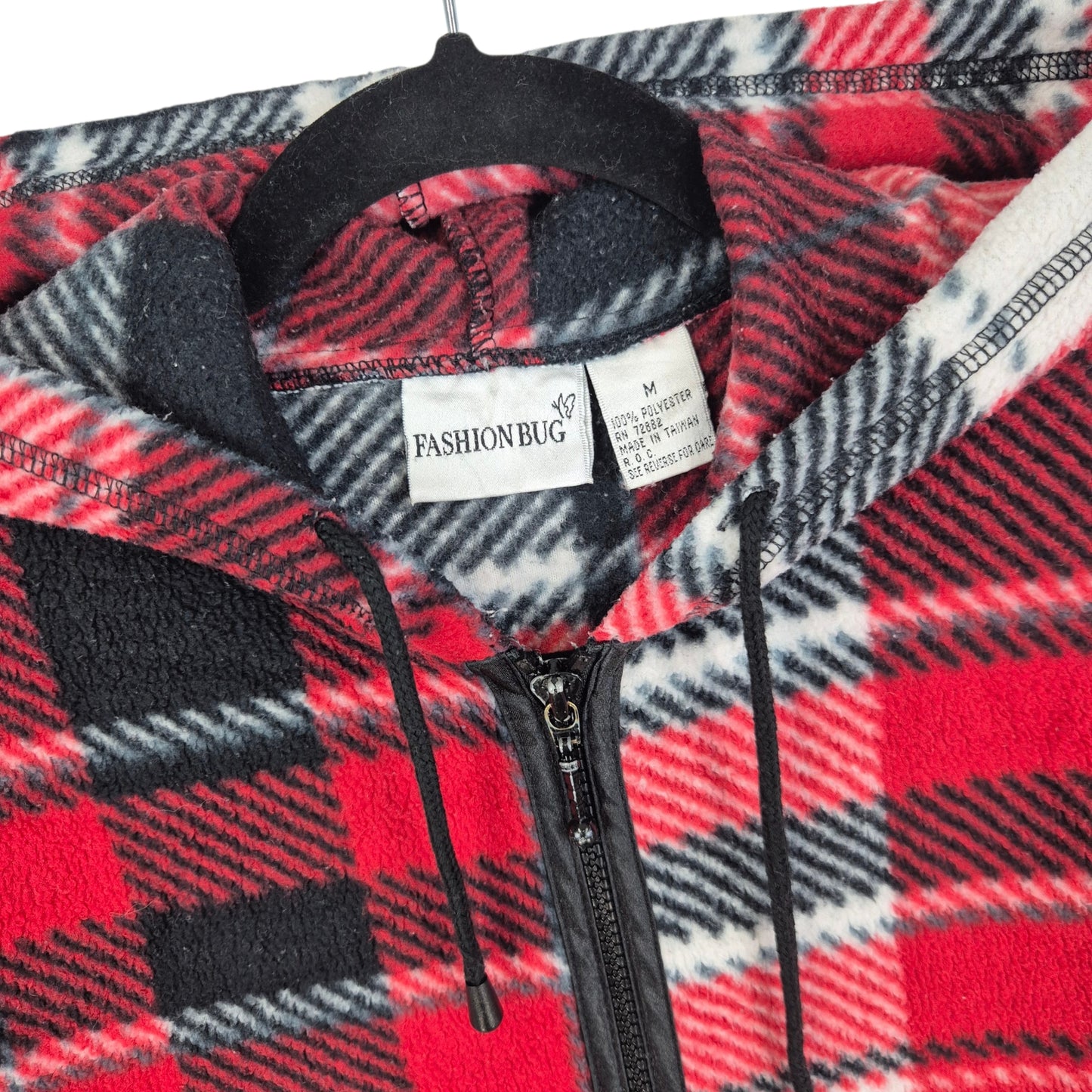 Vintage Fashion Bug 90's Red & Black Checkered Tall Fleece Zip Hoodie Size M