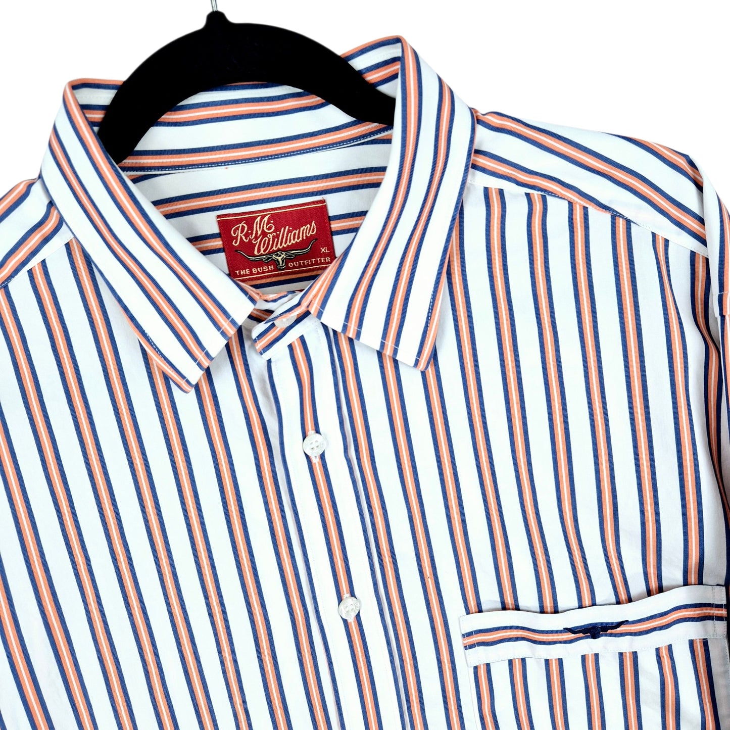 RM Williams White & Orange Striped Regular Fit Dress Shirt Size XL