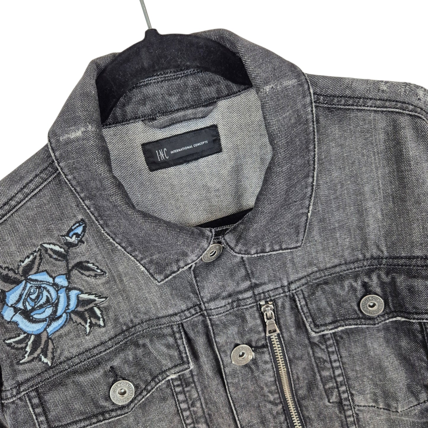 International Concepts Grey Embroidered Distressed Denim Jacket Size S