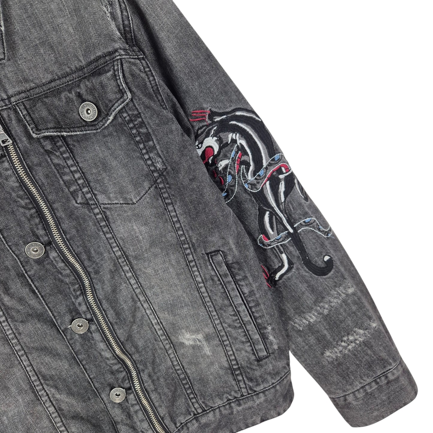 International Concepts Grey Embroidered Distressed Denim Jacket Size S