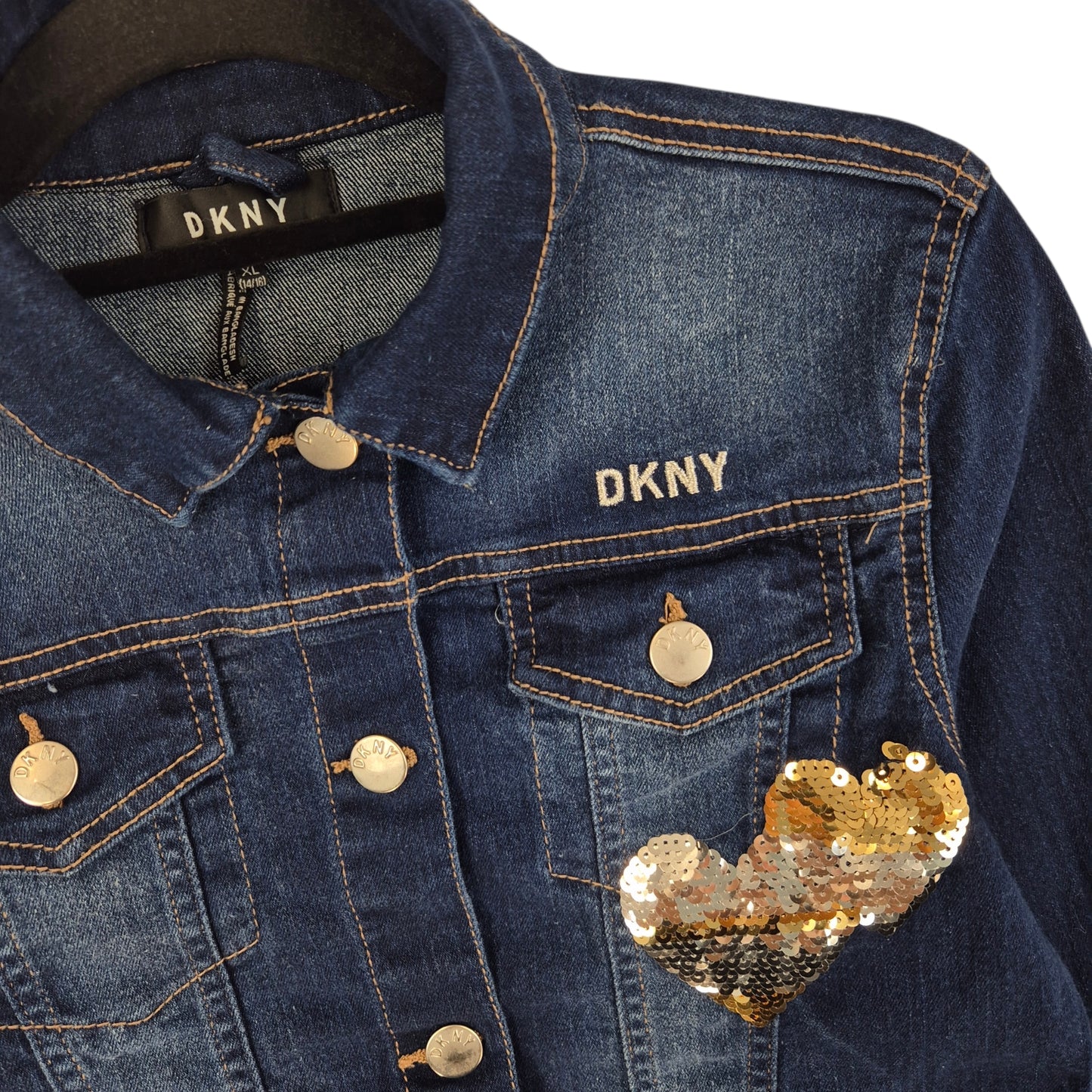 DKNY Womens Dark Blue Sequin Denim Jacket Size S