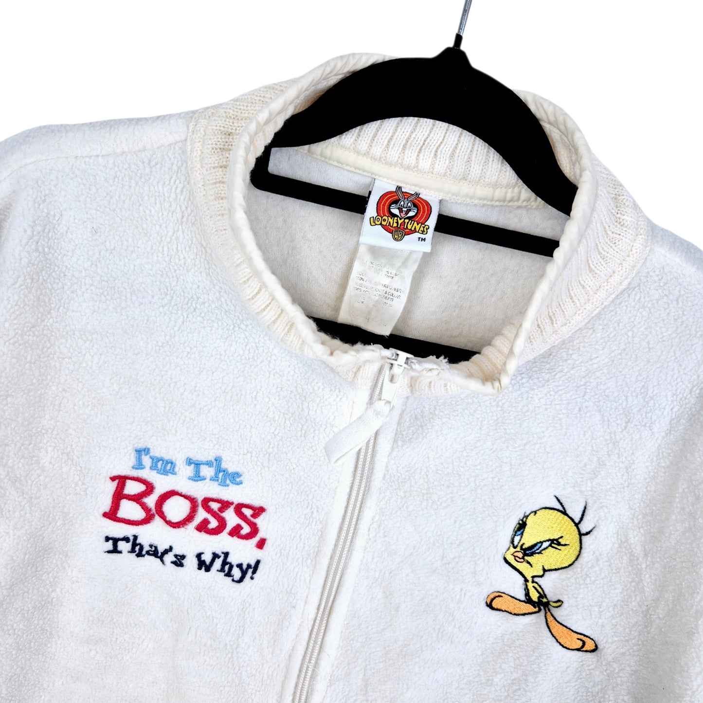 Vintage Disney Looney Tunes Cream White Tweety Fleece Zip Jumper Size XL