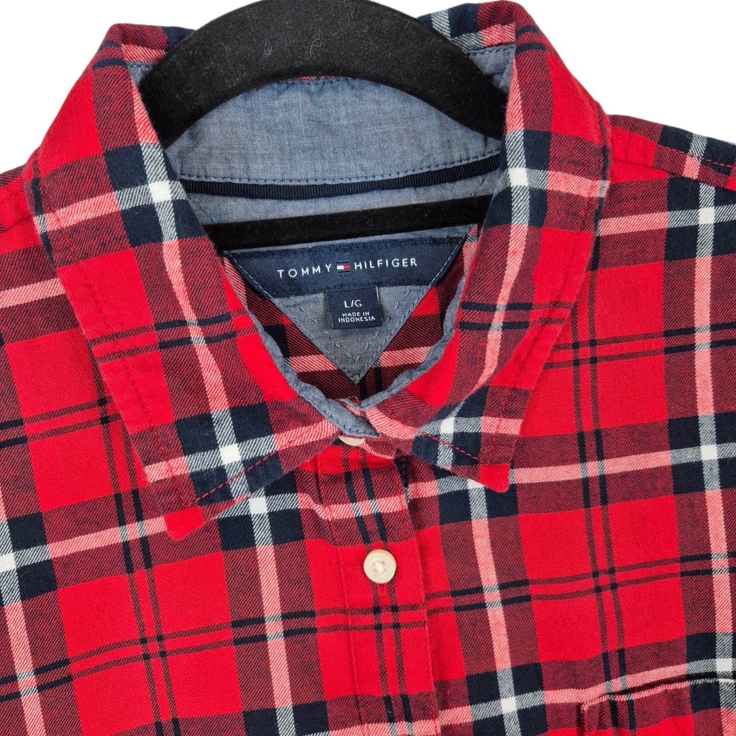 Tommy Hilfiger Womens Red Checkered Half Button Shirt Size L