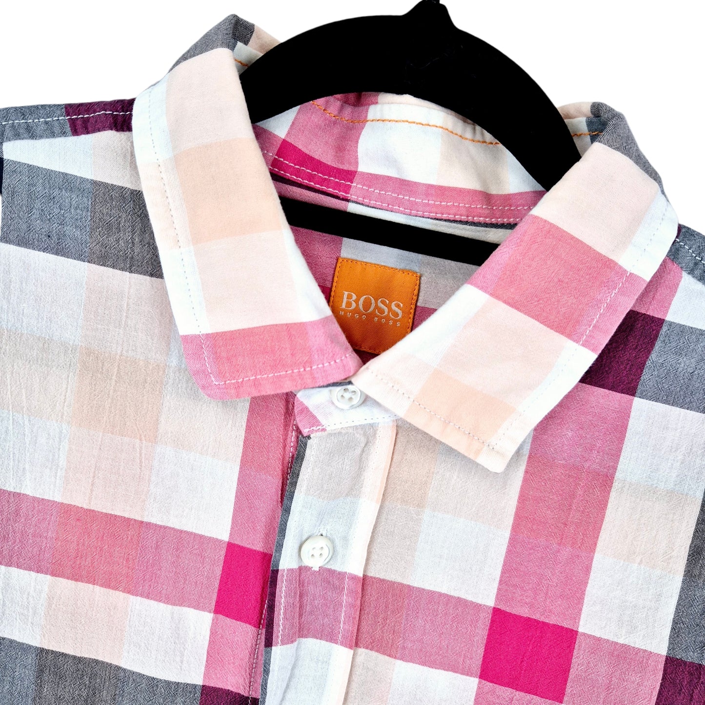 Hugo Boss Orange White & Pink Slim Fit Stretch Linen Dress Shirt Size L
