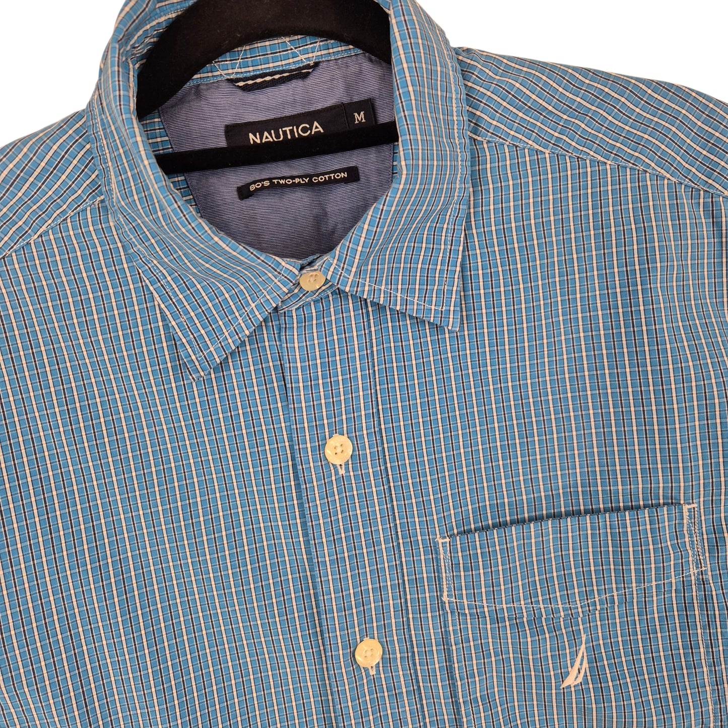 Nautica Blue Checkered Short Sleeve Button Shirt Size M