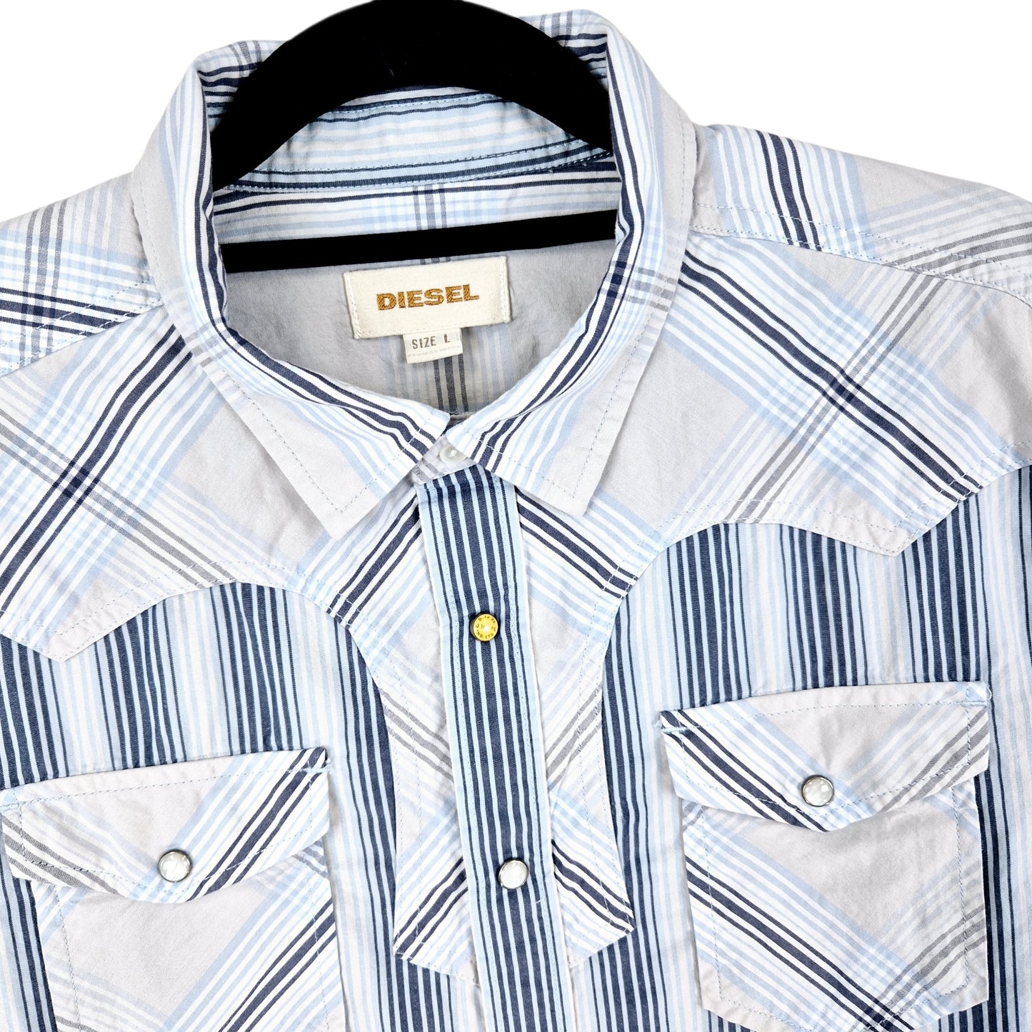 Diesel White & Blue Striped Short Sleeve Button Shirt Size L