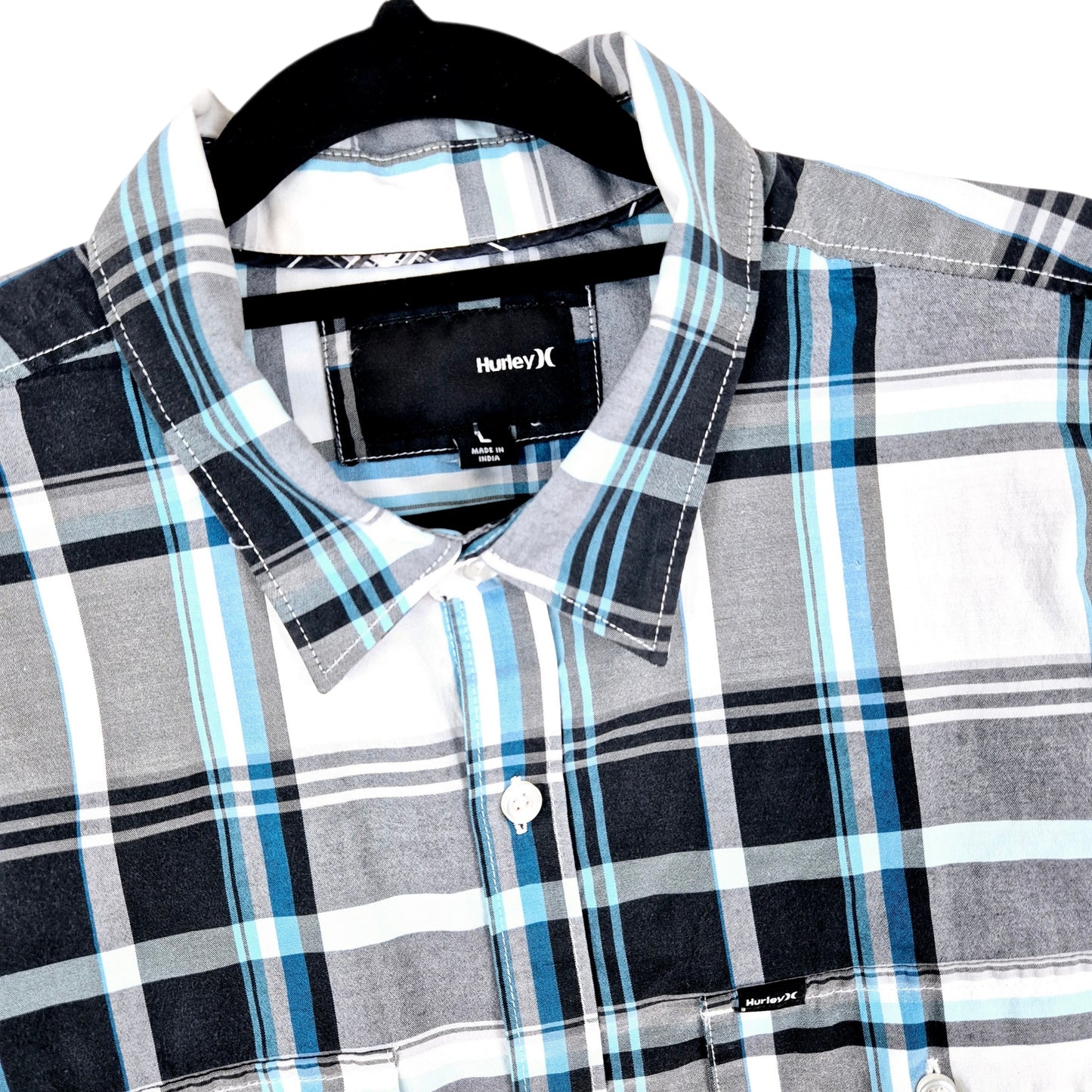 Hurley Blue & Grey Checkered Short Sleeve Button Shirt Size L
