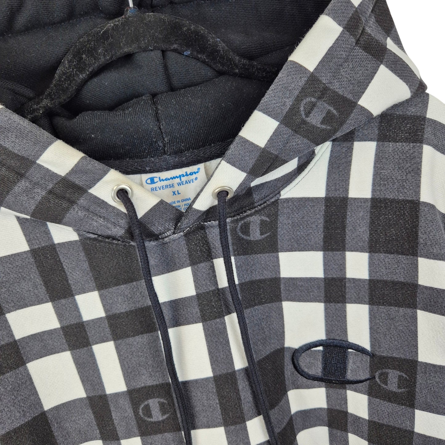 Champion Reverse Weave Black & White Checkered Heavy Hoodie Size XL