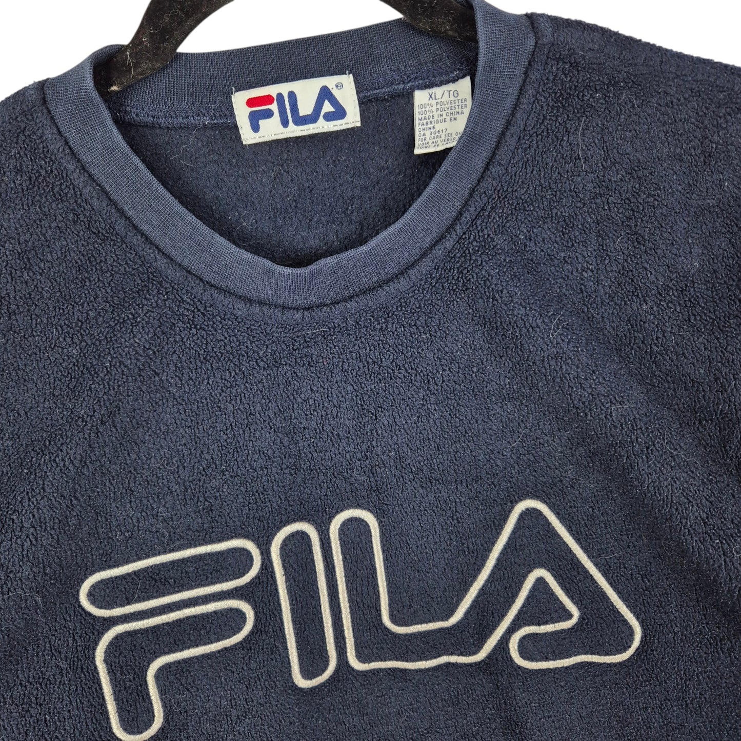 Vintage FILA Dark Blue Embroidered Crewneck Fleece Jumper Size XL