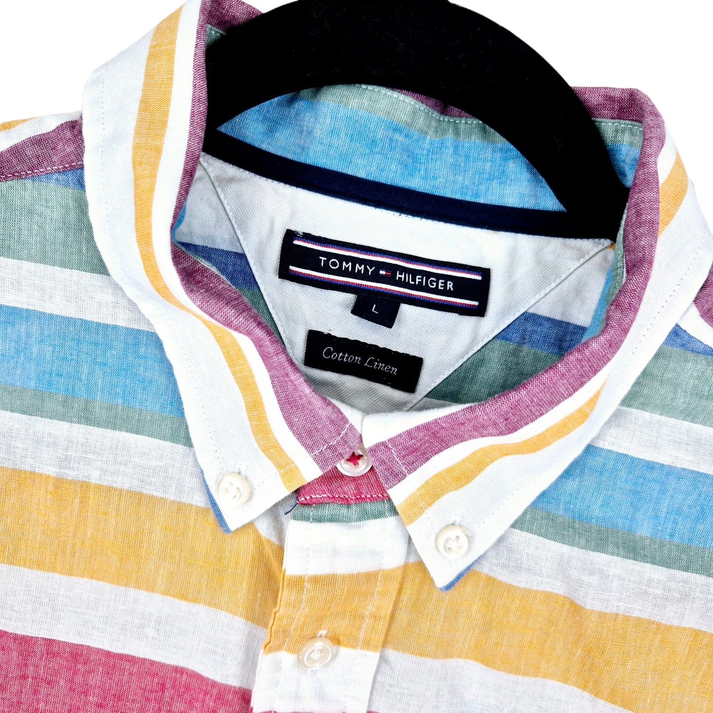 Tommy Hilfiger Colourful Striped Linen Short Sleeve Button Shirt Size L