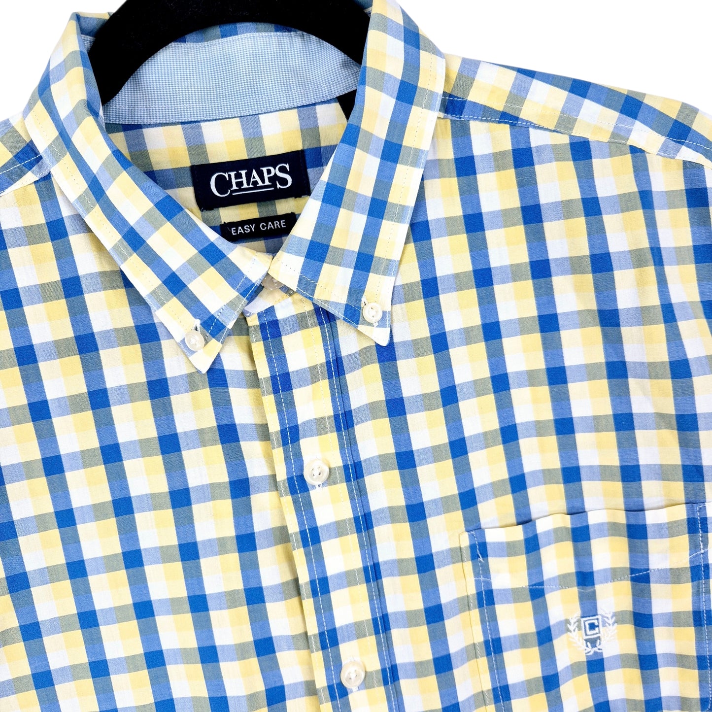 Chaps Blue & Yellow Checkered Short Sleeve Button Shirt Size L