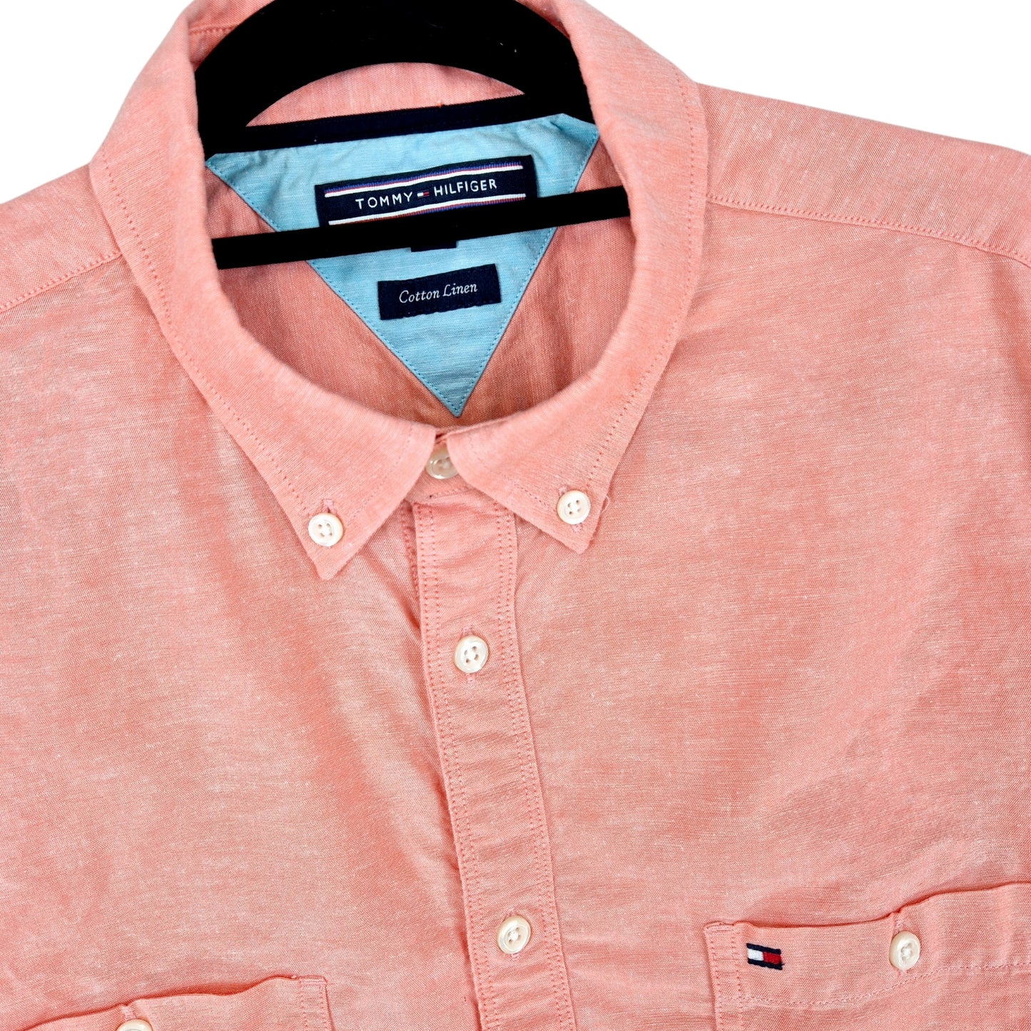Tommy Hilfiger Peach Pink Cotton Linen Short Sleeve Button Shirt Size L