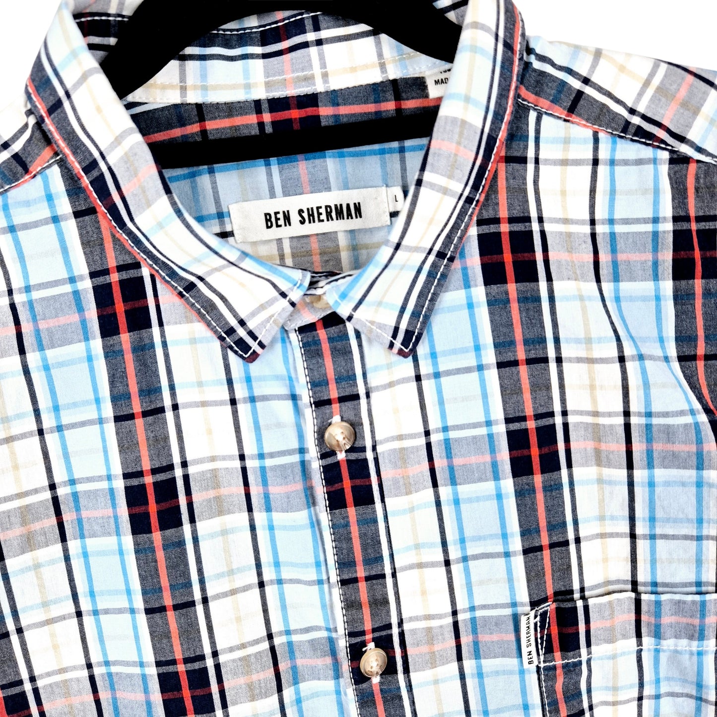 Ben Sherman Blue Checkered Short Sleeve Button Shirt Size L