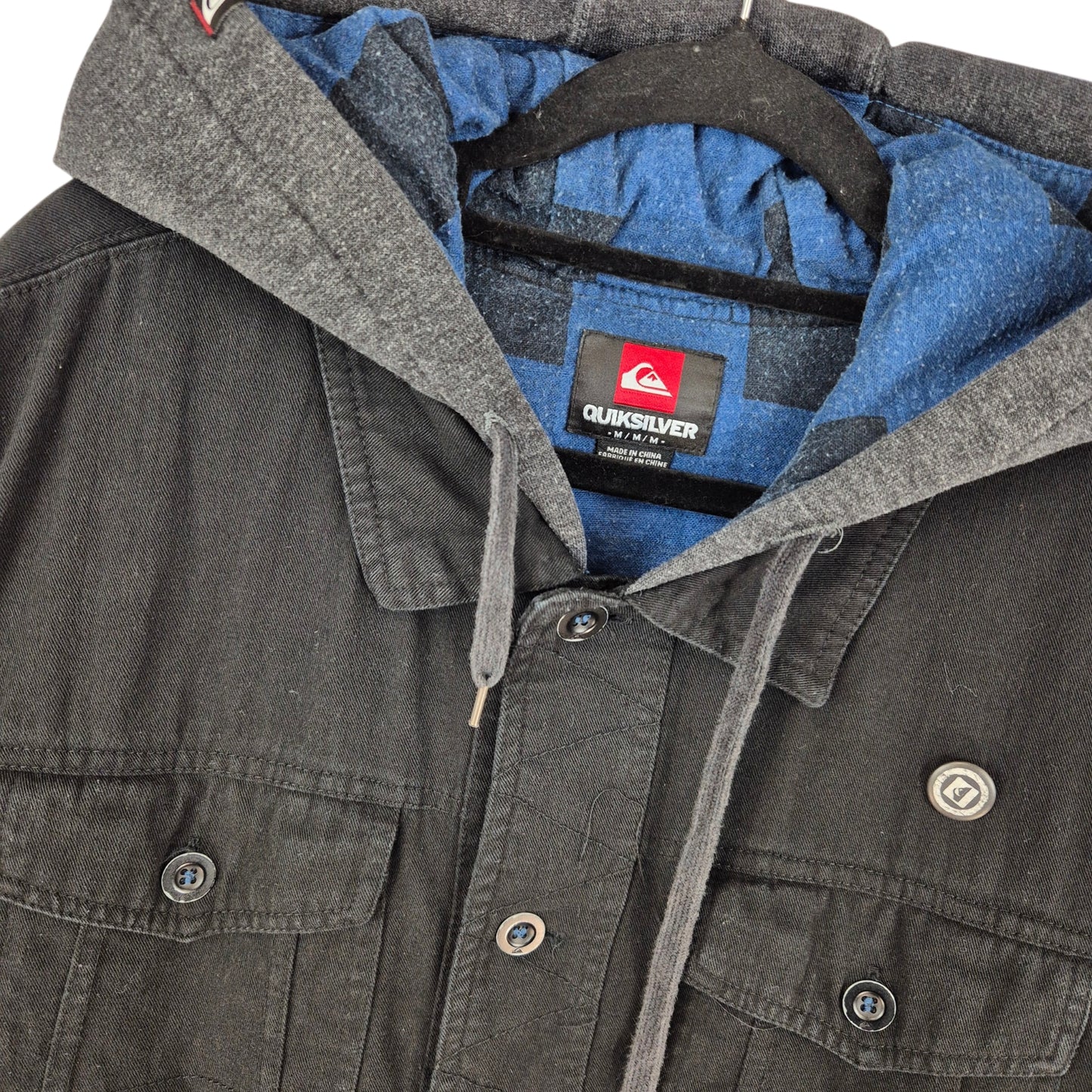 Quiksilver Black & Grey Hooded Button Jacket Size M