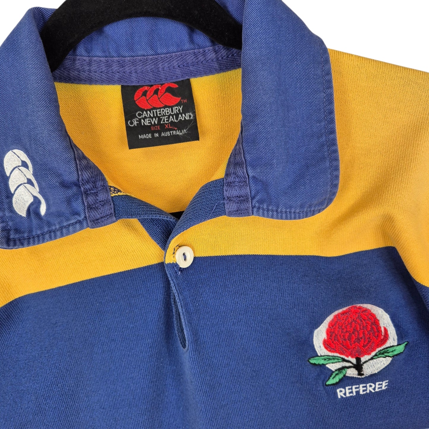 Vintage Canterbury Rugby 90's Red Yellow & Blue Referee Polo Shirt Size XL
