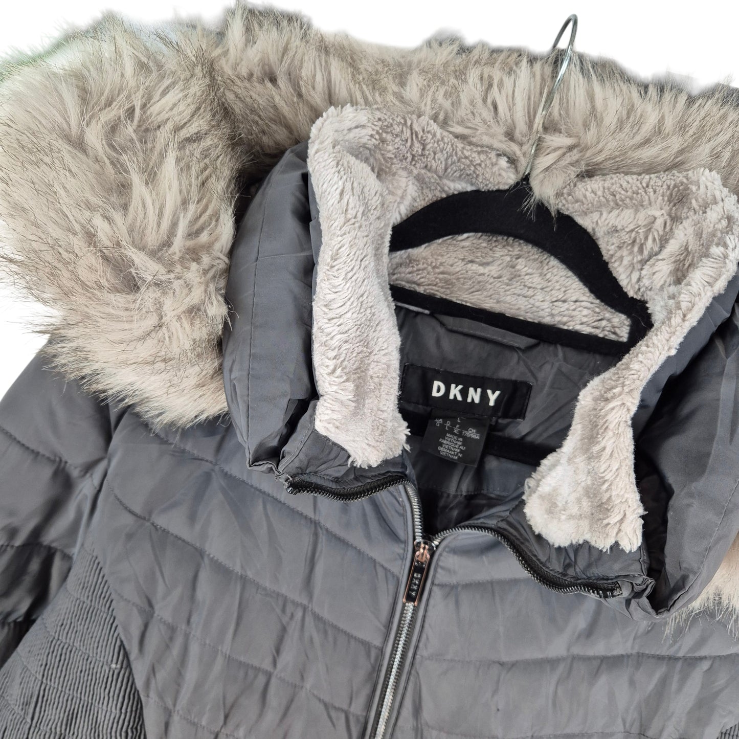 DKNY Grey Heavy Fur Hood Trench Coat Jacket Size L
