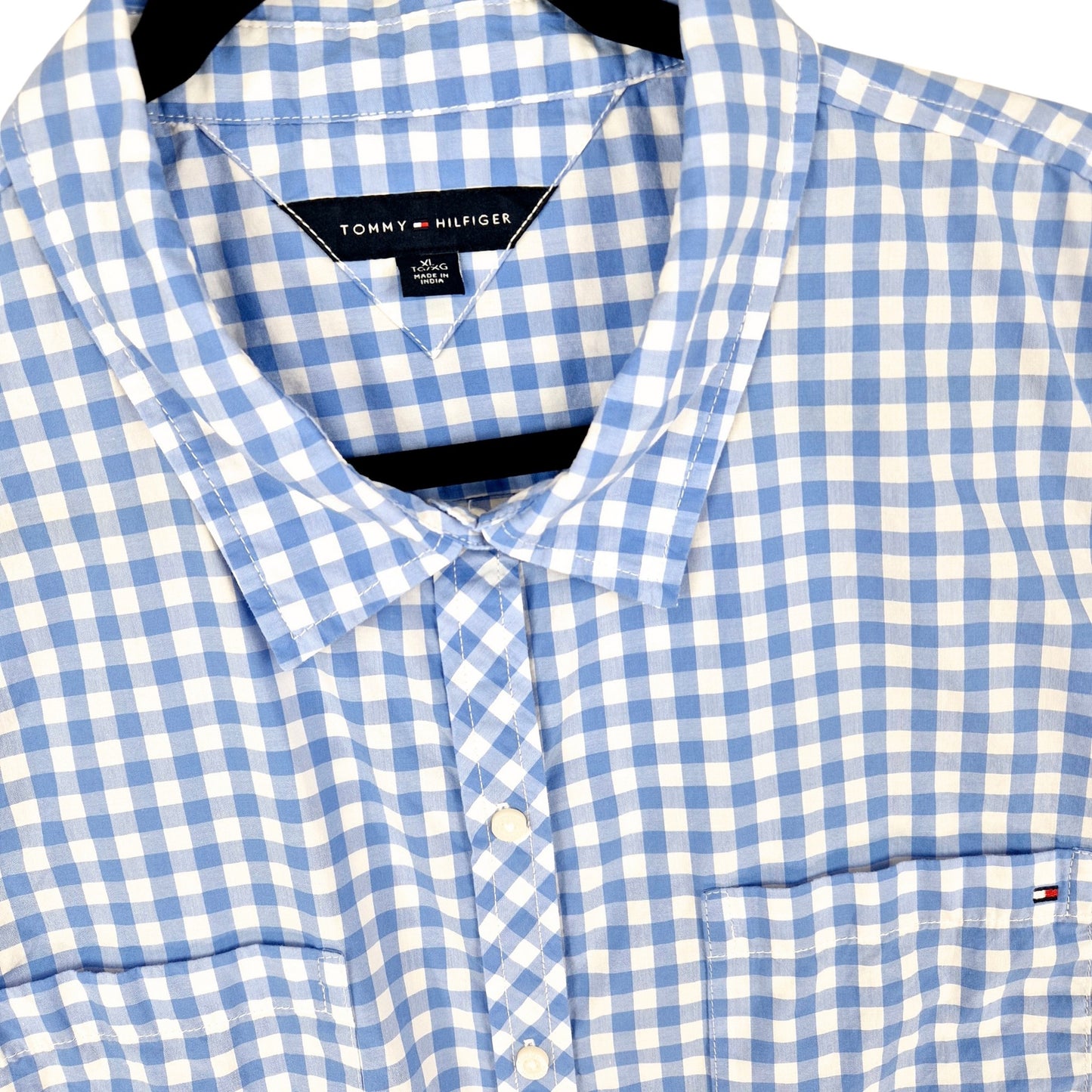 Tommy Hilfiger Womens Blue & White Checkered Short Sleeve Button Shirt Size XL