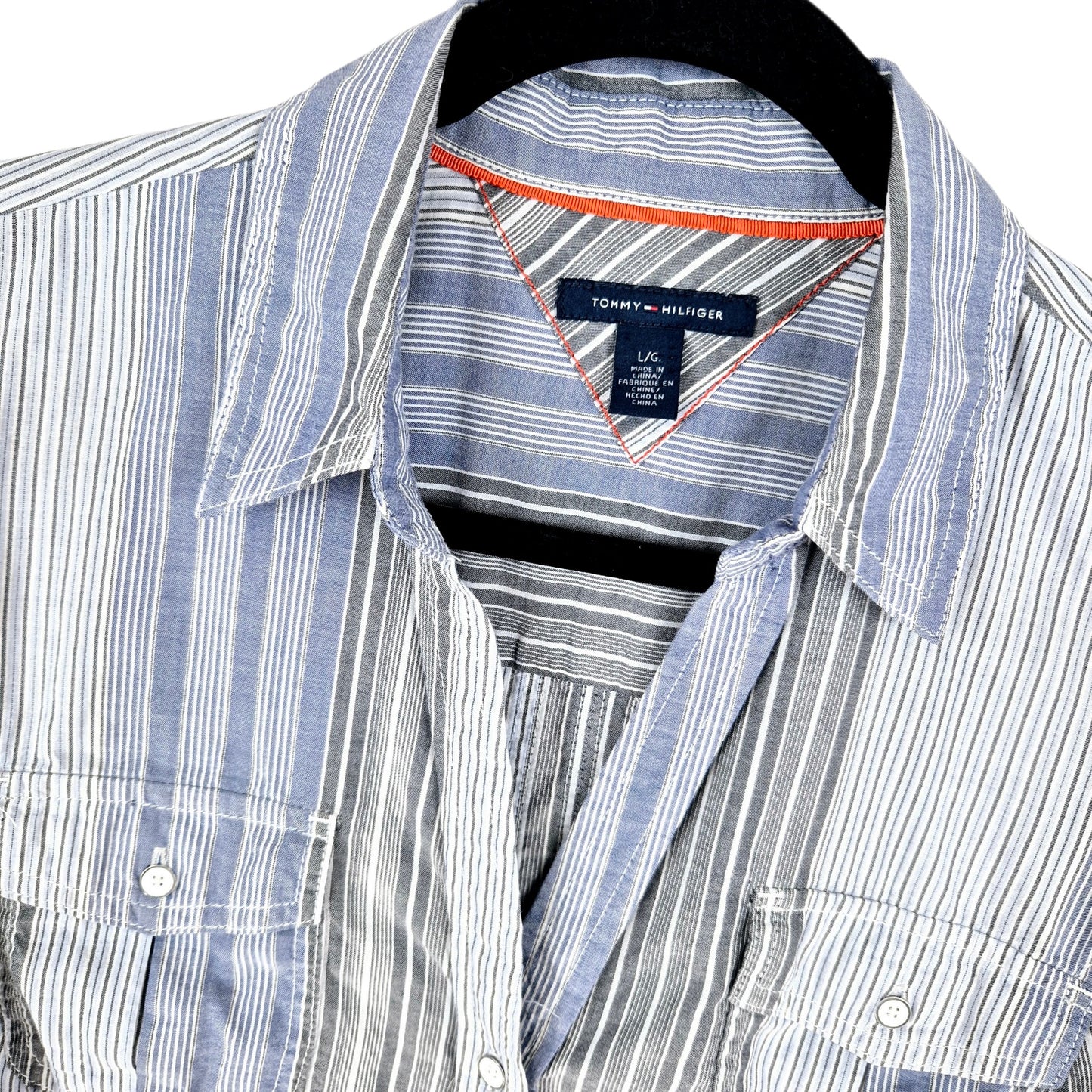 Tommy Hilfiger Womens Grey & Blue Striped Dress Shirt Size L
