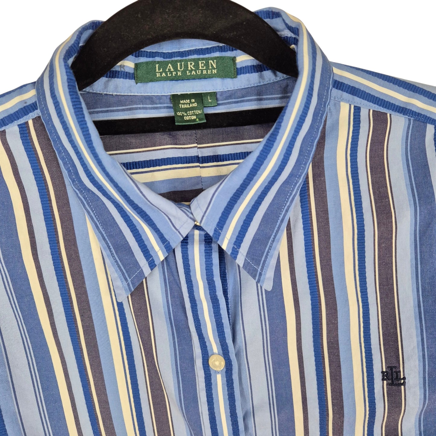 Vintage Ralph Lauren Green Label 90's Womens Blue Striped Dress Shirt Size L