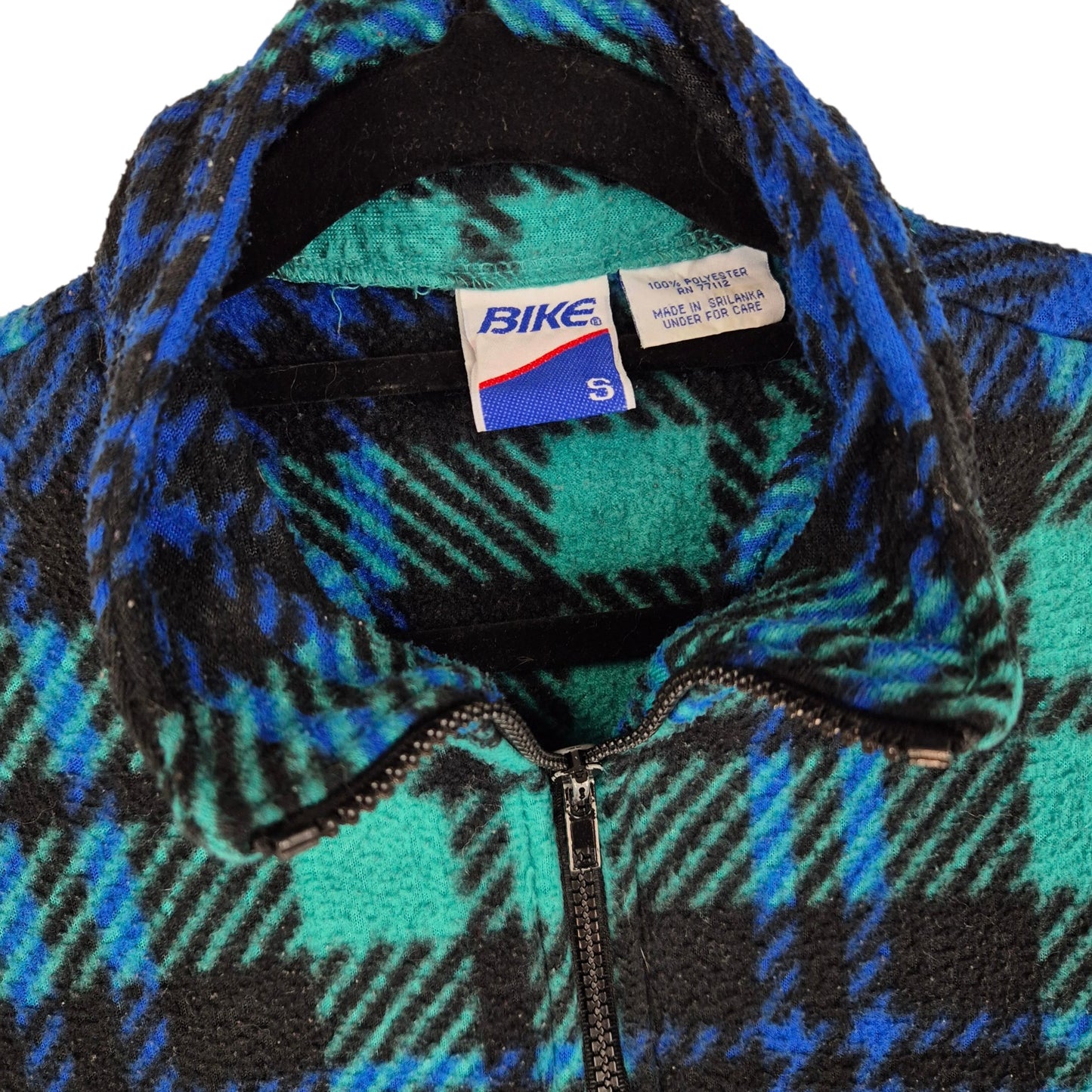 Vintage Bike 90's Blue Green & Black Checkered Fleece Jumper Size S