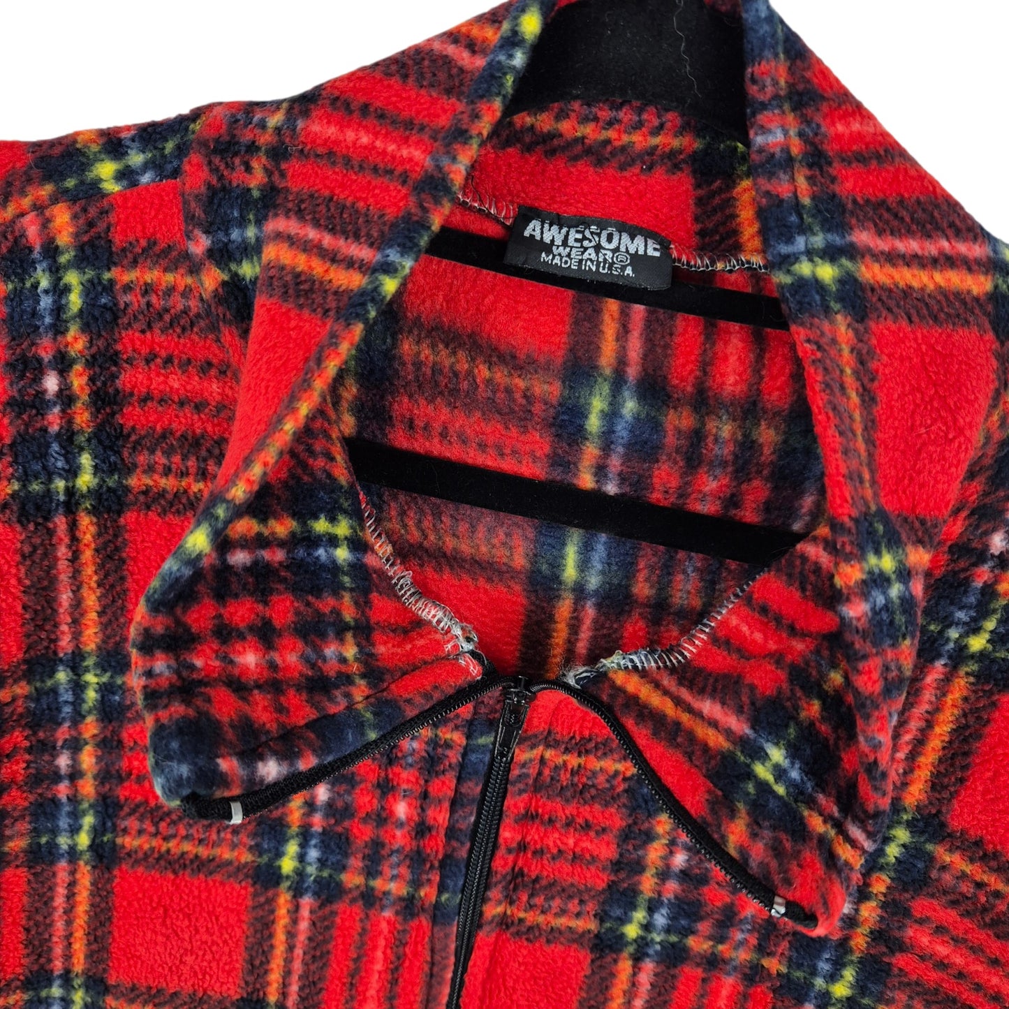 Vintage Awesome Wear 80's Red USA Made Checkered Fleece Jumper Size L