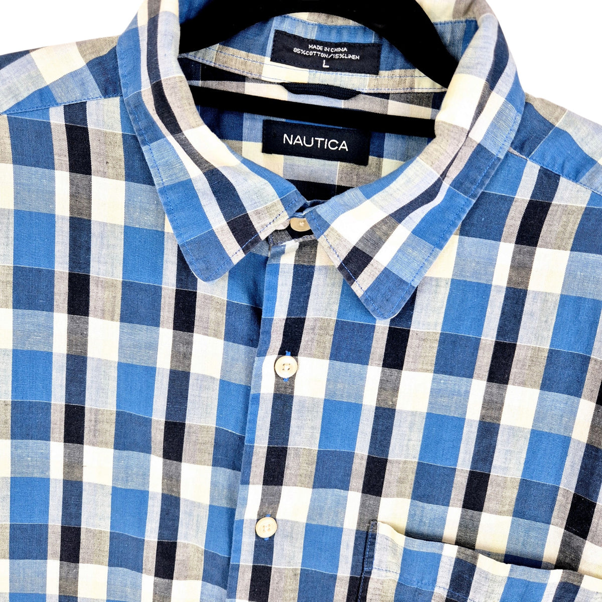 Nautica Blue & Yellow Checkered Square Cut Short Sleeve Button Shirt Size L