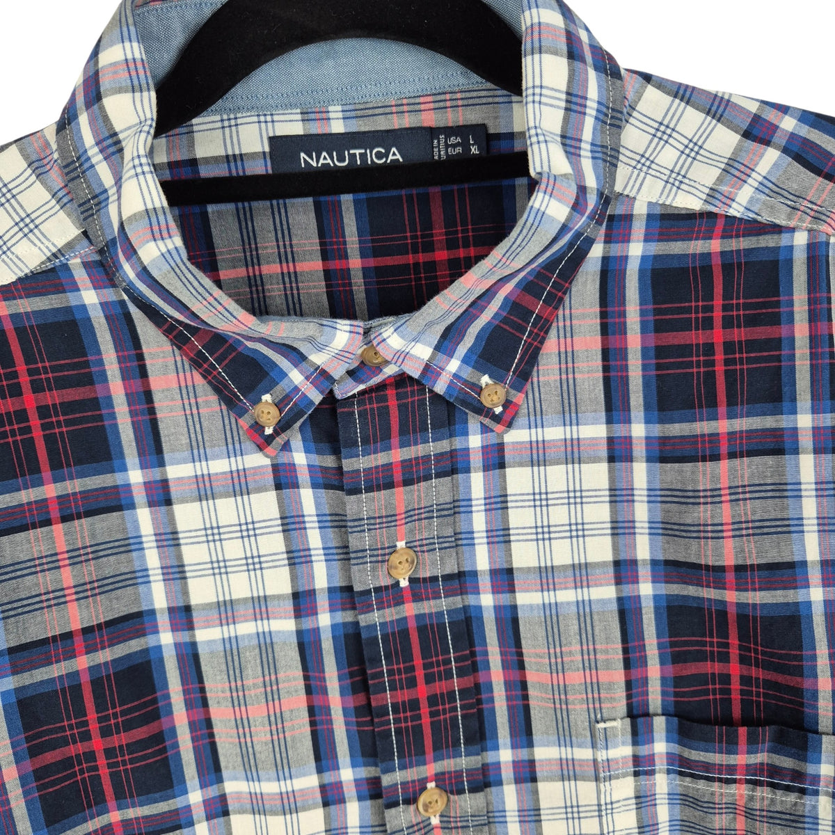 Nautica Blue & Red Checkered Dress Shirt Size L