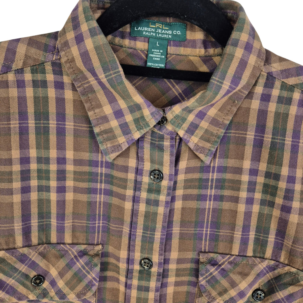 Ralph Lauren Green Label Womens Brown Checkered Button Shirt Size L