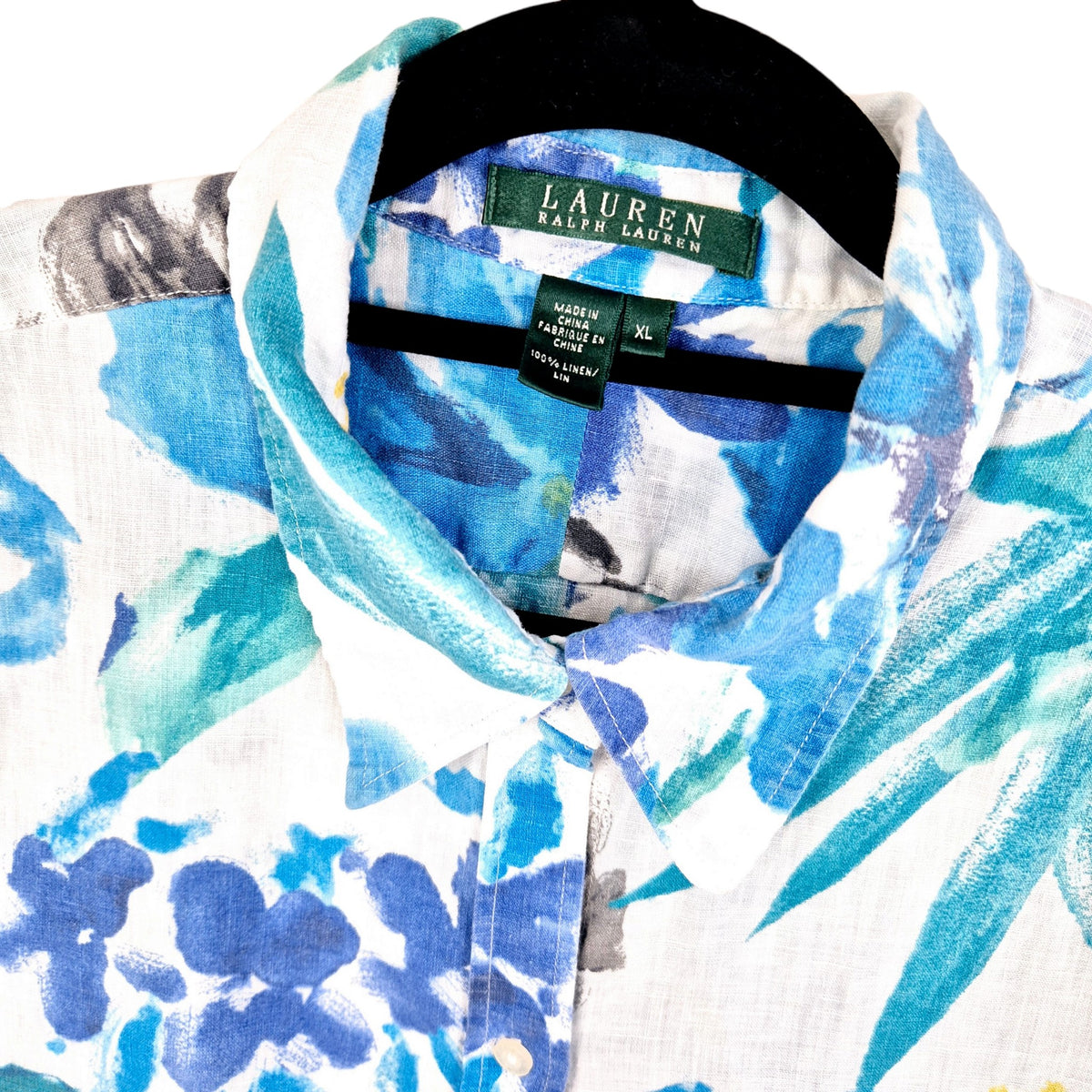 Vintage Ralph Lauren Green Label Womens Blue & White Linen Button Shirt Size XL