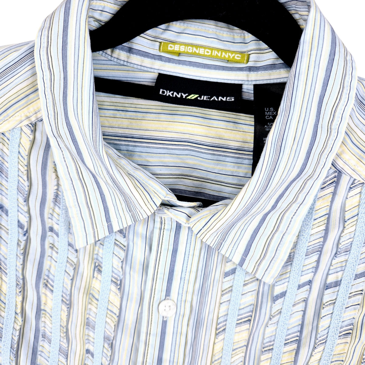 DKNY Jeans Light Blue & Yellow Striped Short Sleeve Button Shirt Size L