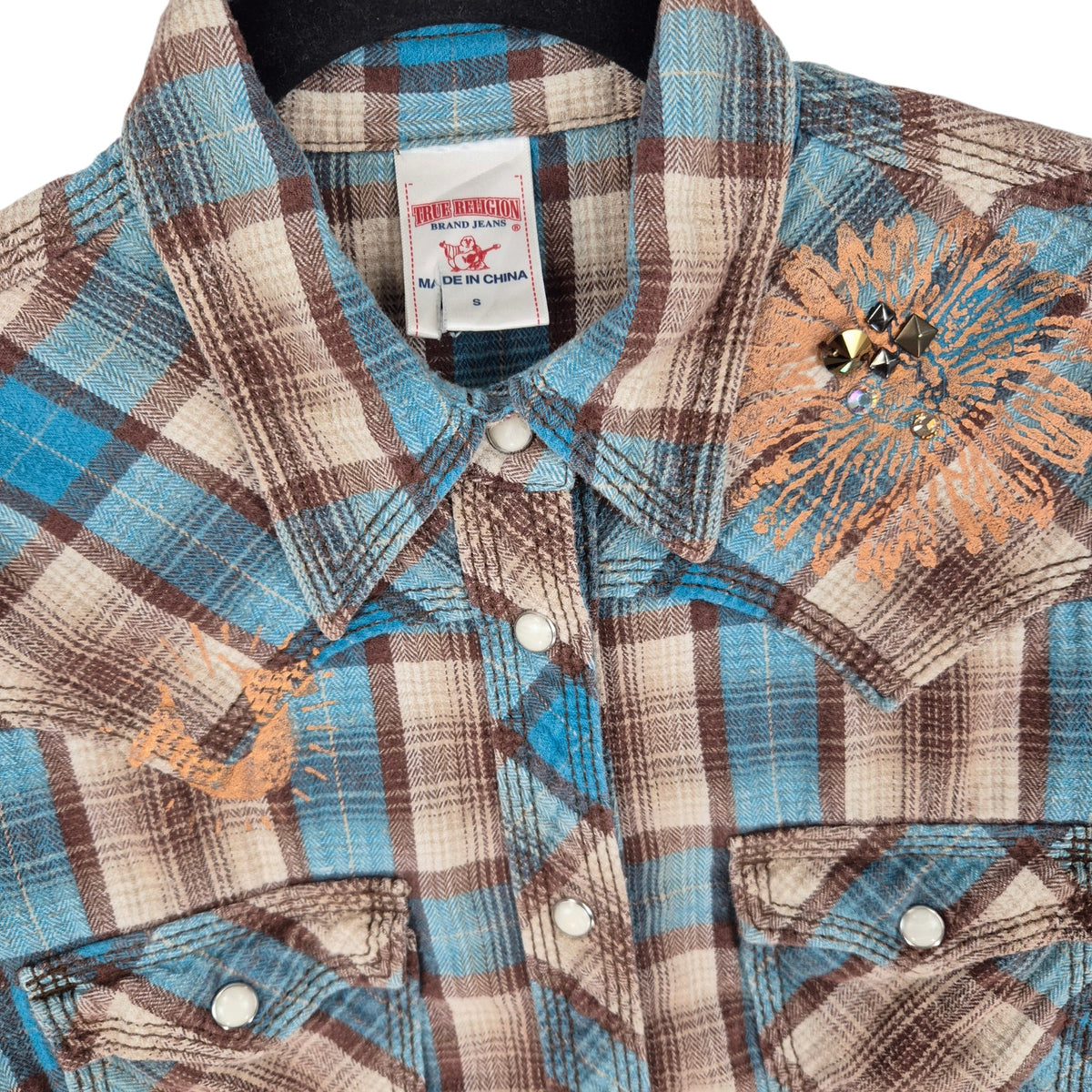 True Religion Womens Brown & Blue Checkered Cowboy Button Shirt Size S