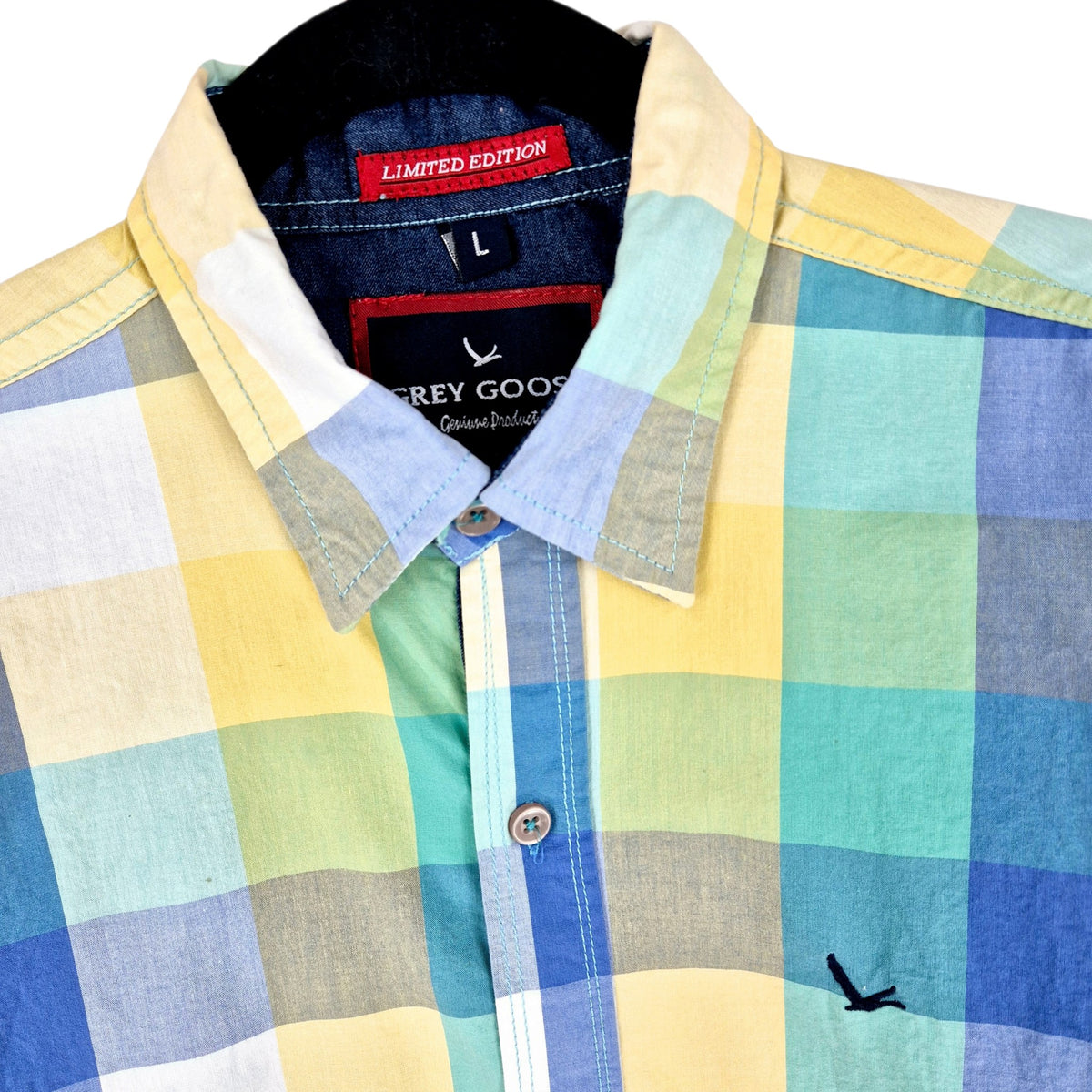 Grey Goose Vodka Green Blue & Yellow Slim Checkered Dress Shirt Size L