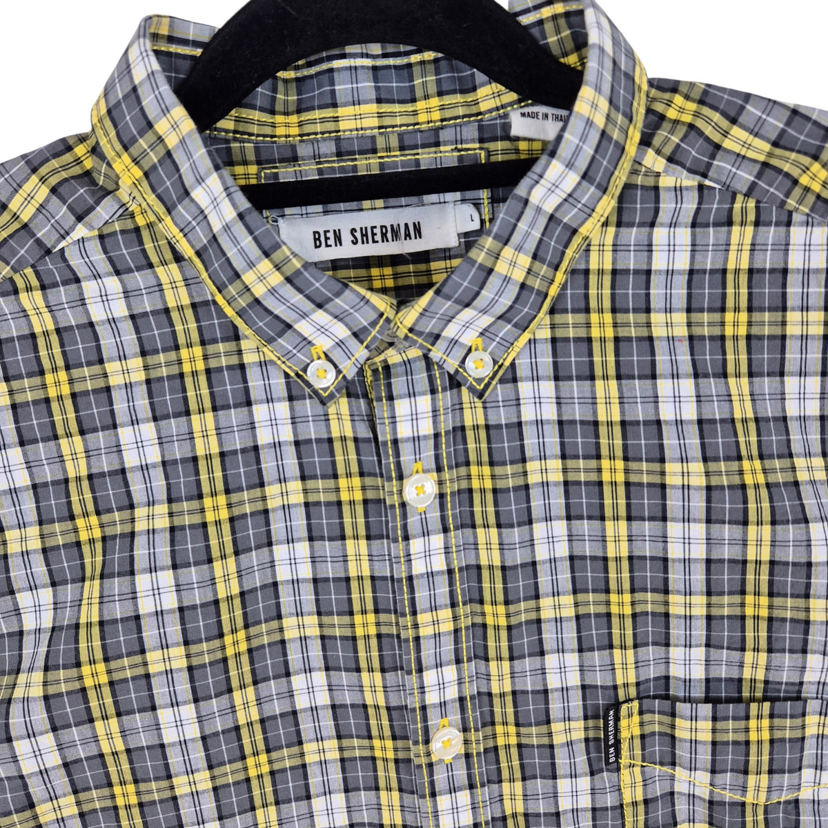 Ben Sherman Yellow & Grey Checkered Short Sleeve Button Shirt Size L