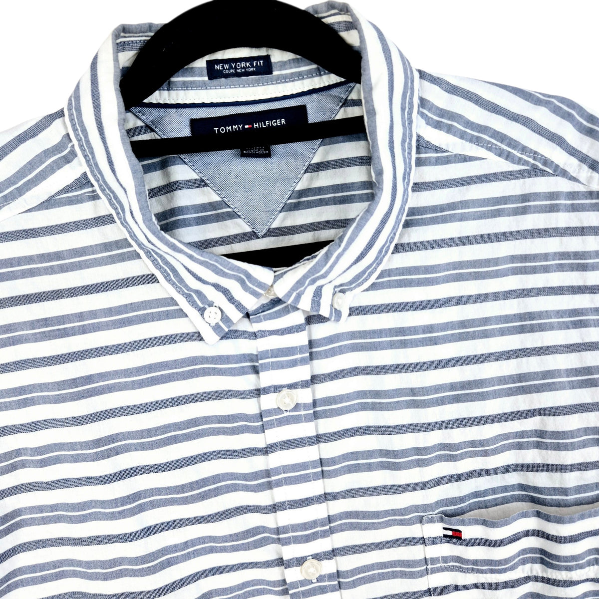 Tommy Hilfiger White & Blue Striped Short Sleeve Button Shirt Size XL