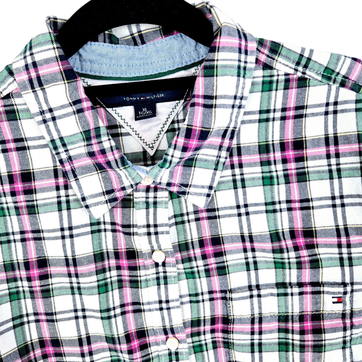 Tommy Hilfiger Womens White Green & Pink Checkered Dress Shirt Size XL