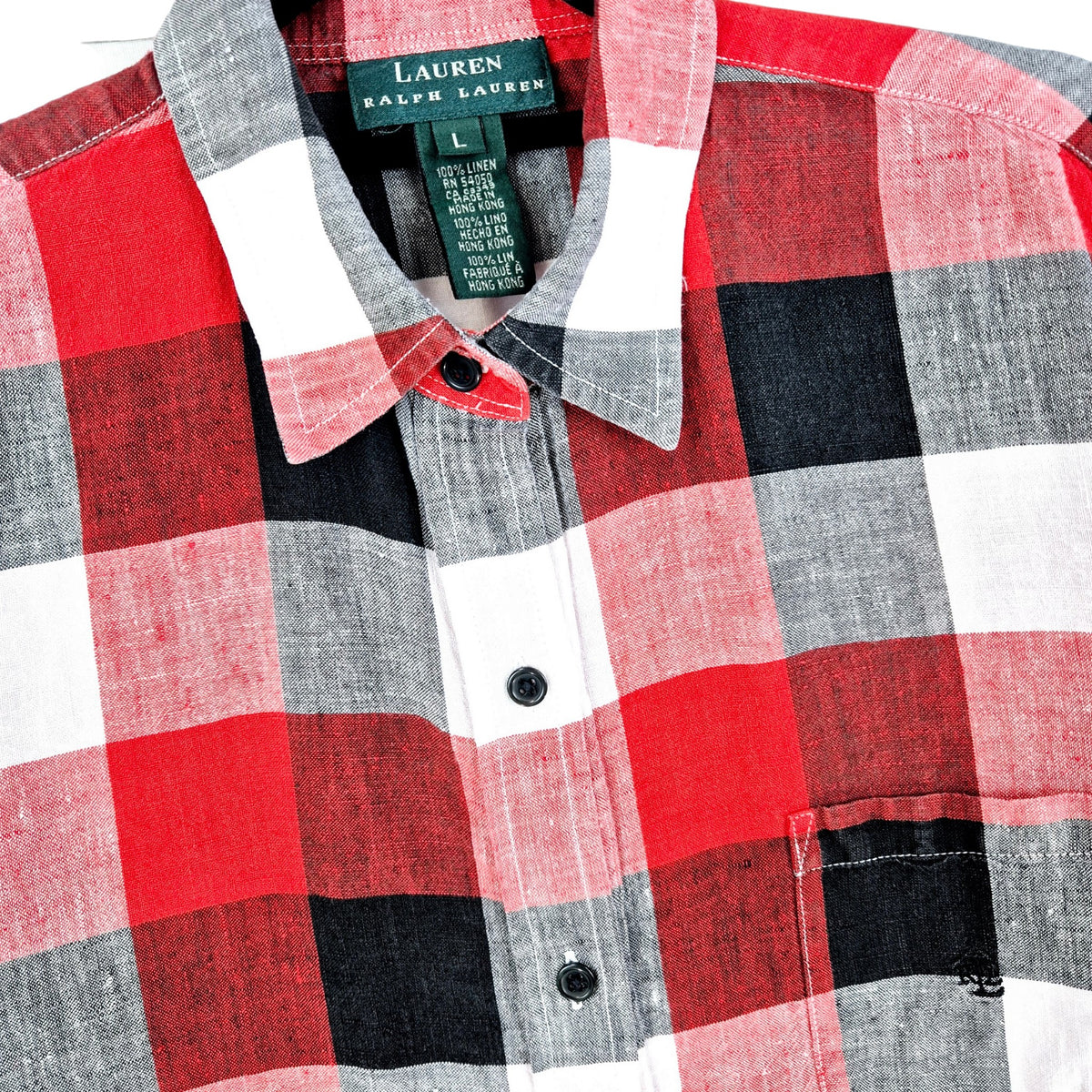Vintage Ralph Lauren Green Label Red & Black Checkered Linen Dress Shirt Size L