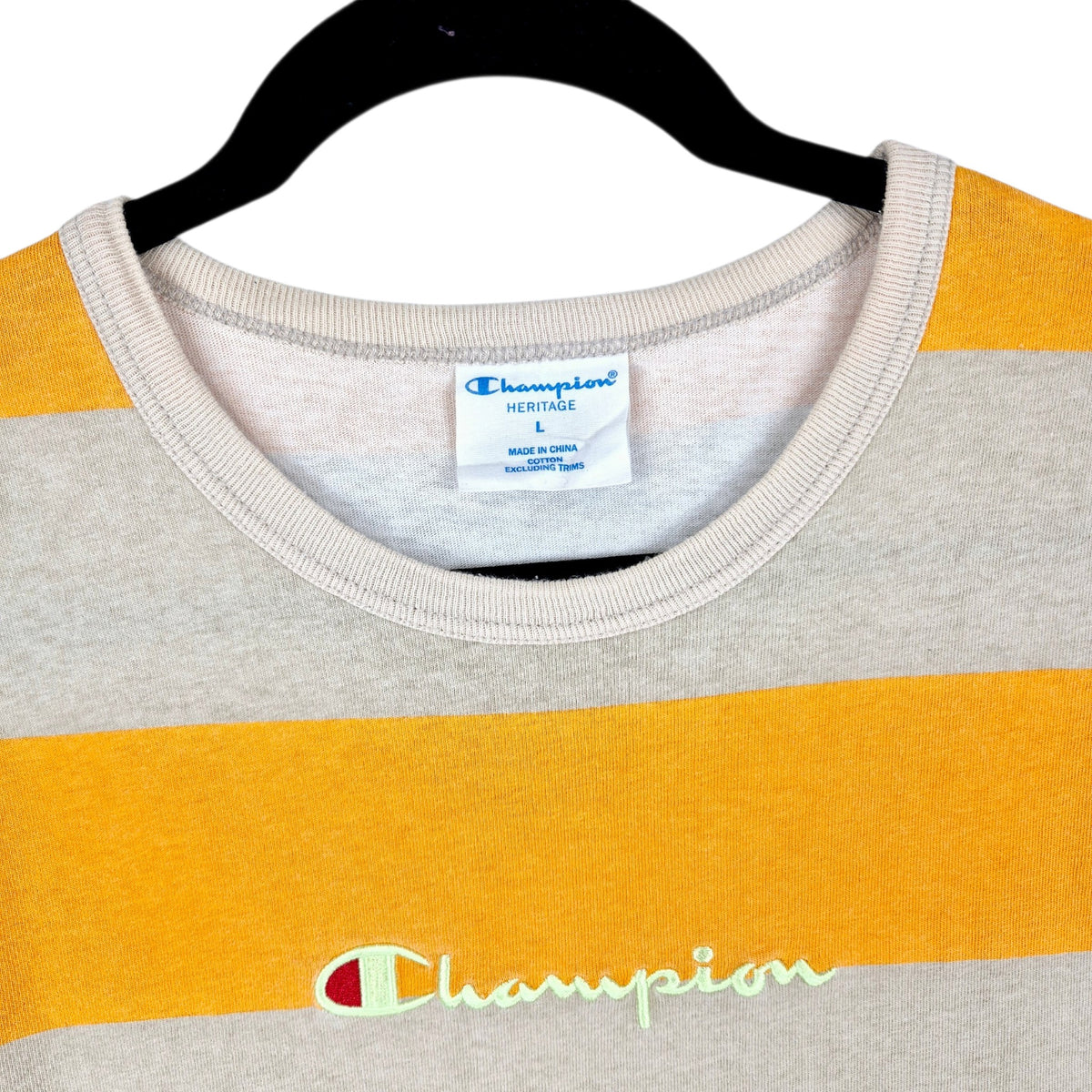 Champion Yellow & Brown Striped Embroidered Tee Shirt Size L