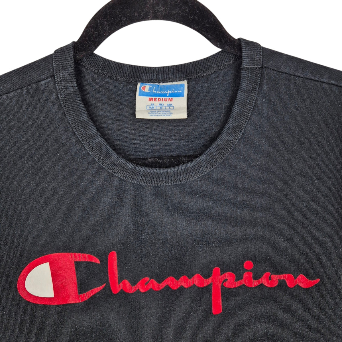 Vintage Champion Black Long Sleeve Chest Script Tee Shirt Size M