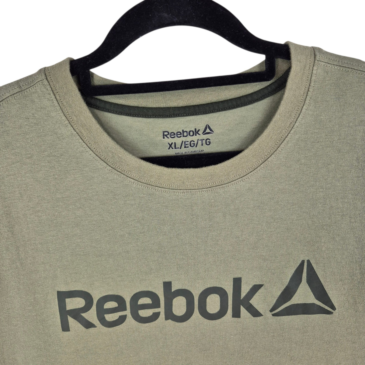 Reebok Khaki Green Chest Script Tee Shirt Size XL