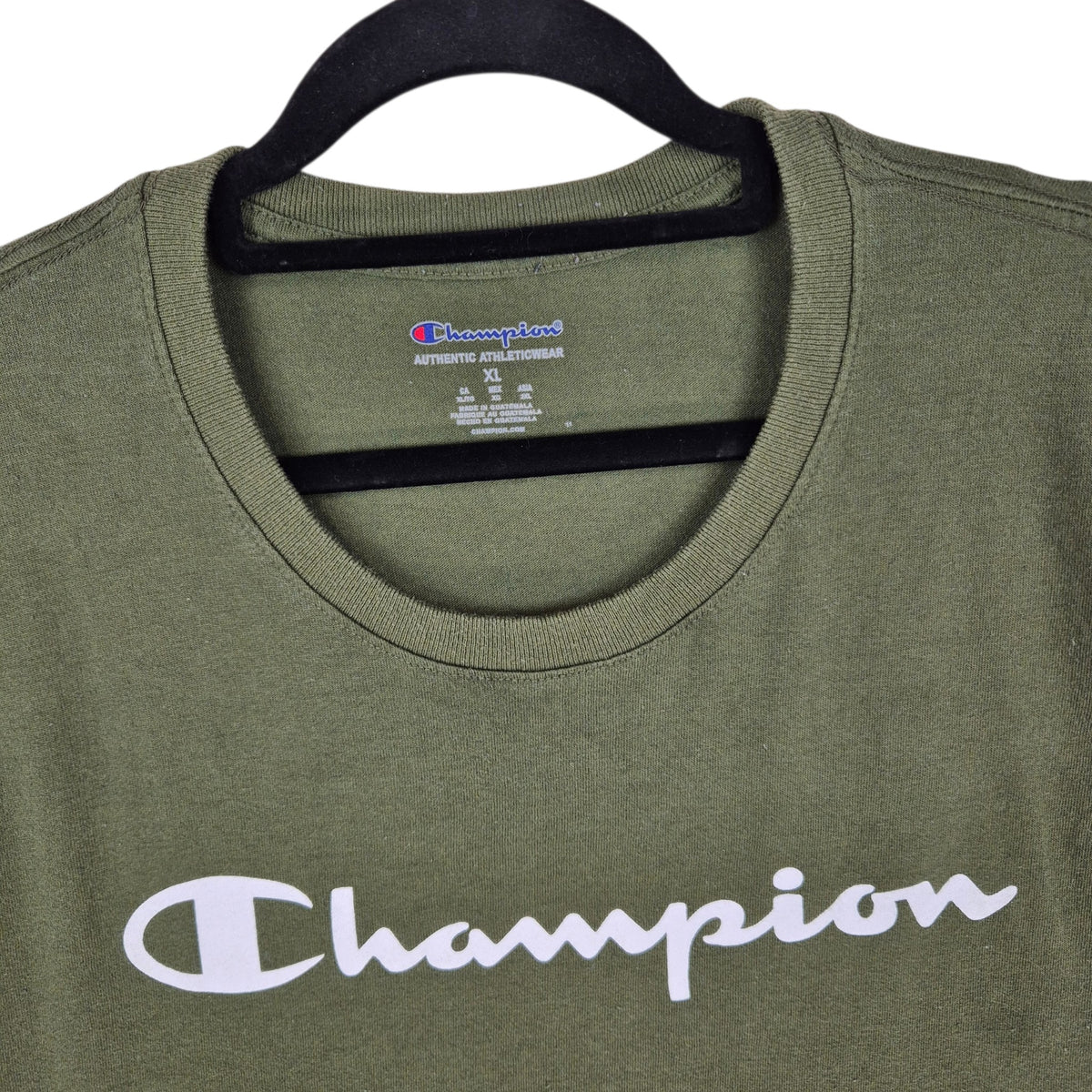 Champion Olive Green Chest Script Stretch Tee Shirt Size XL