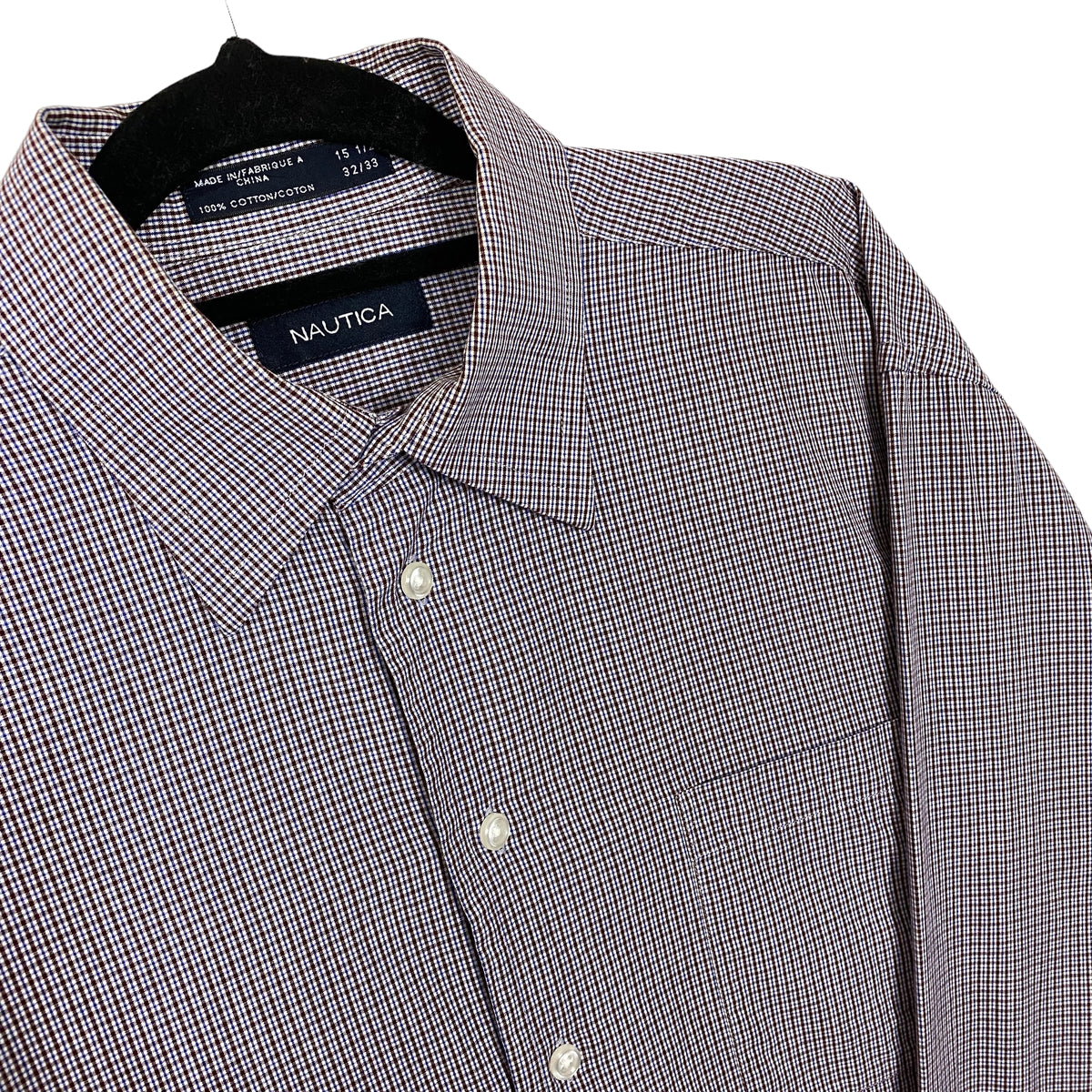 Nautica Brown & Blue Checkered 100% Cotton Long Sleeve Dress Shirt Size L