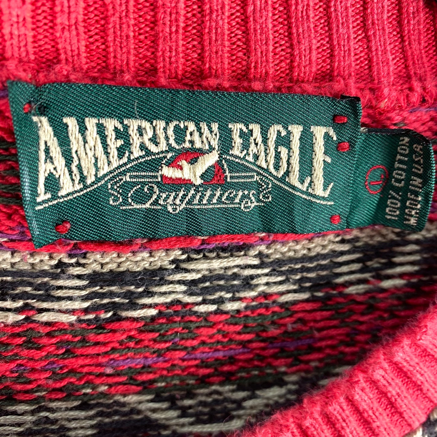 Vintage American Eagle 90's Red & Grey Striped USA Made Knit Sweater Size L