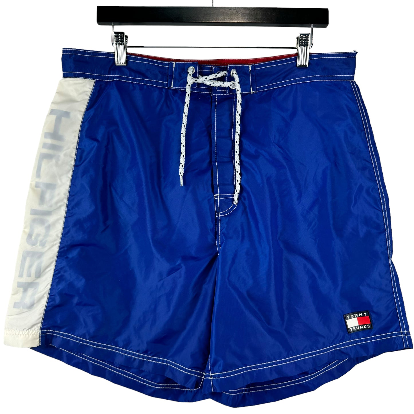 Vintage Tommy Trunks 90's Blue & White Nylon Beach Swim Shorts Size L