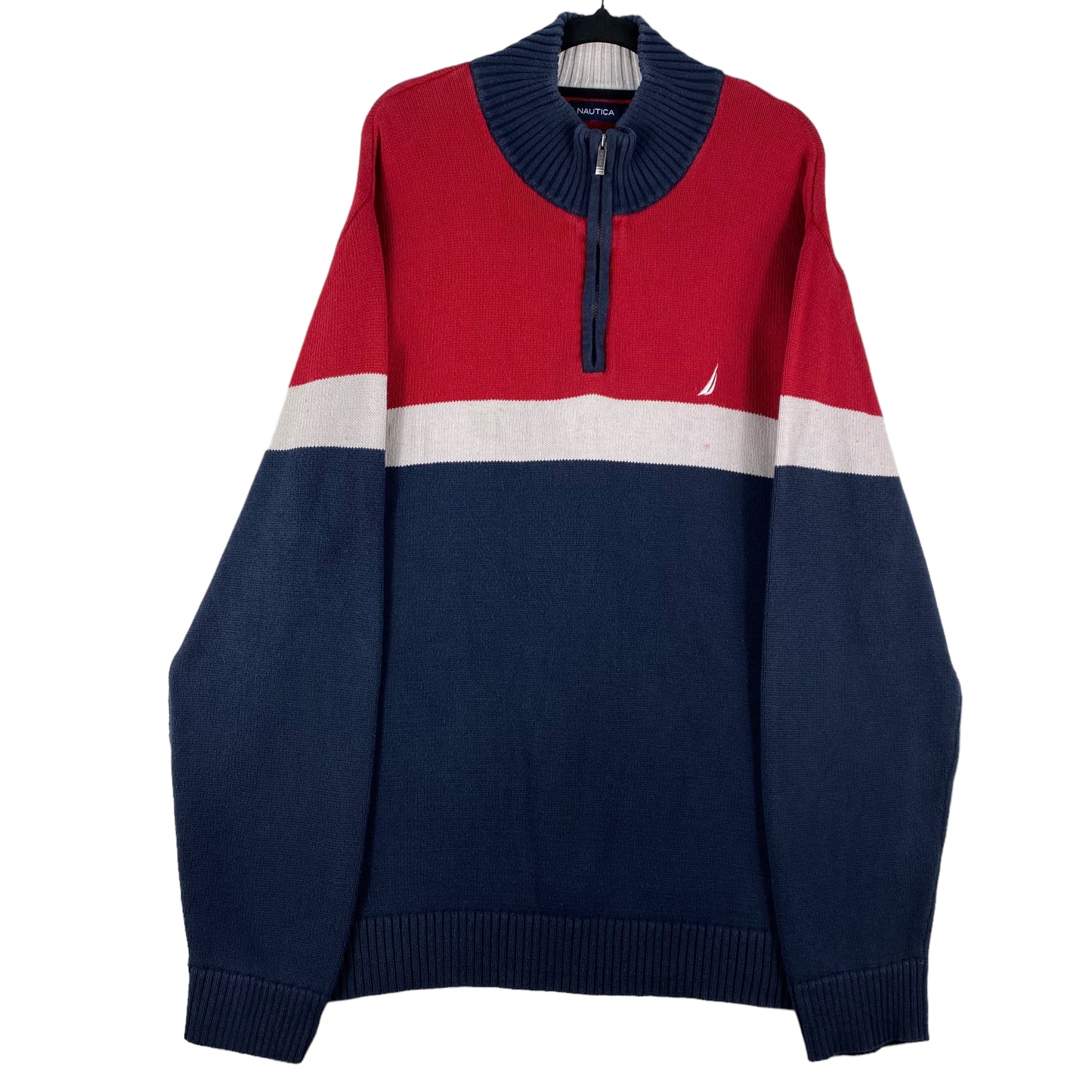Nautica Blue Red & White Quarter Zip Knit Sweater Size XL