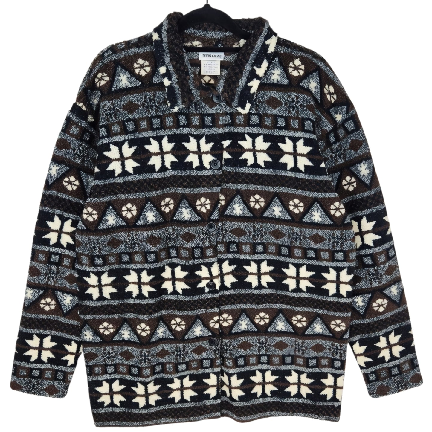 Vintage Tapemeasure 80's Black & Brown Fleece Button Jumper Size L