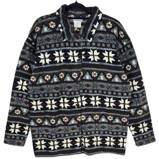 Vintage Tapemeasure 80's Black & Brown Fleece Button Jumper Size L