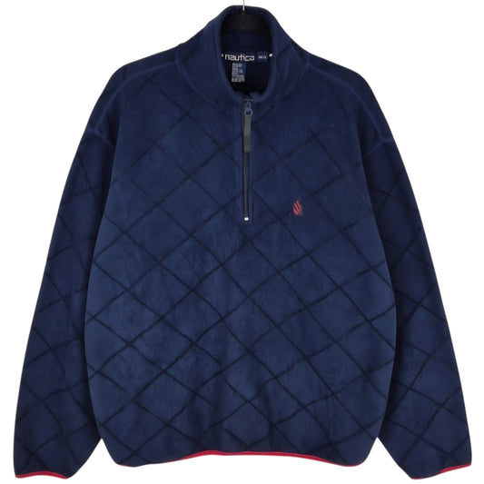 Vintage Nautica 90's Dark Blue Quarter Zip USA Made Diamond Fleece Jumper Size M