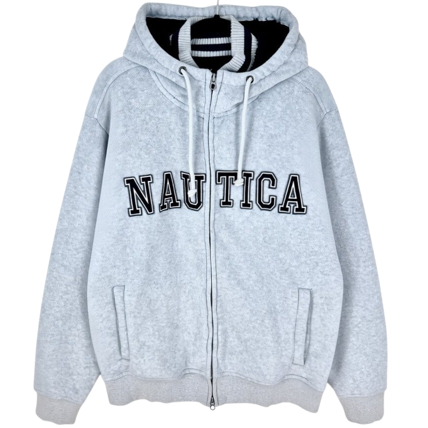 Nautica Light Grey Heavy Embroidered Full Zip Fleece Hoodie Size XL